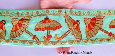 Pink / Peach / Beige / Green Art Silk Fabric Trim With Orange, Red & Gold Embroidered Umbrellas And Gold Sequins, Approx. 88mm wide